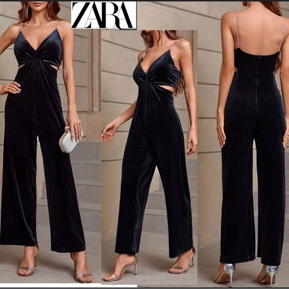 🖤 RHINESTONE STRAP VELVET JUMPSUIT - Picture 1 of 7